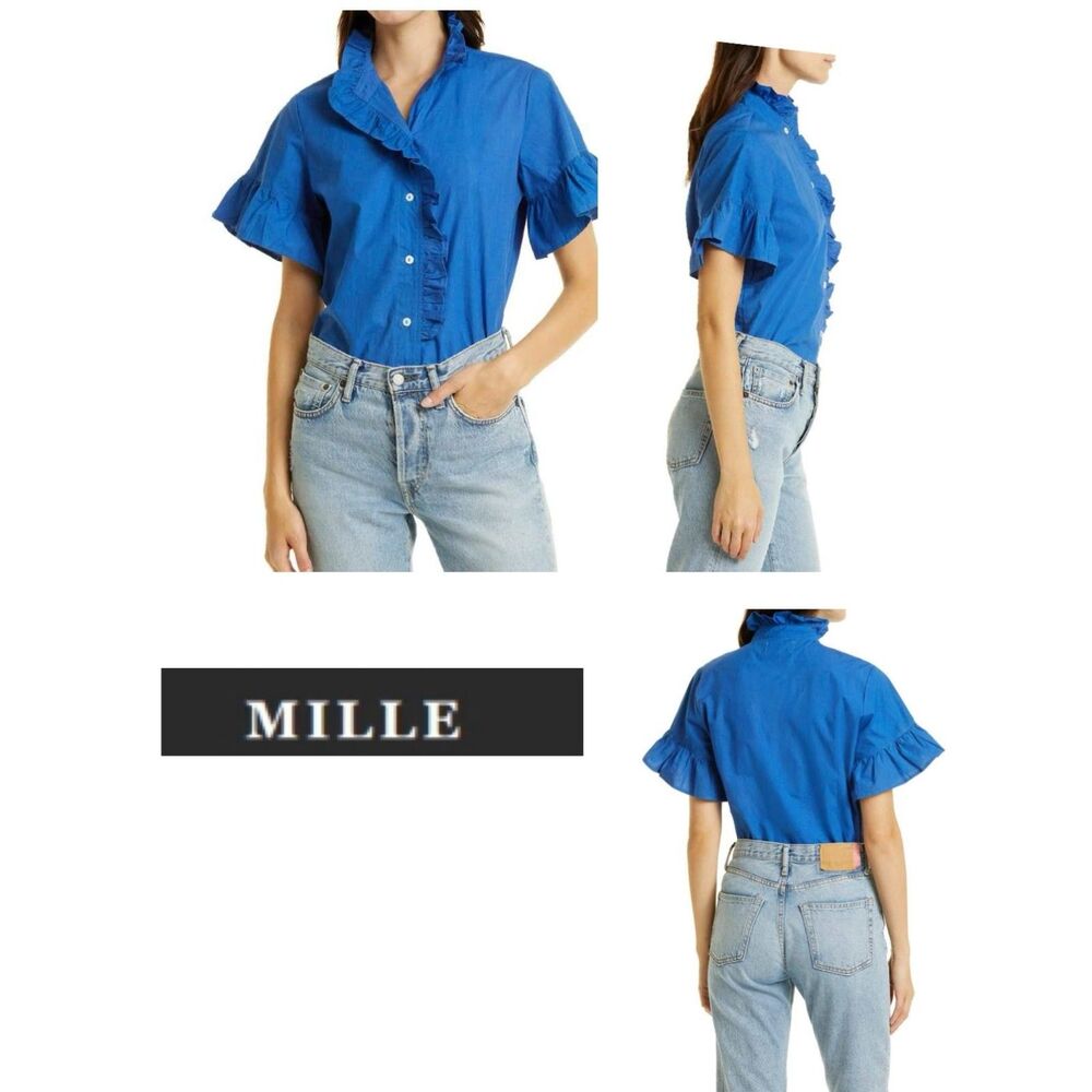 SZ L MILLE Vanessa Top w Button Front and Ruffle Accents in AZUR Color